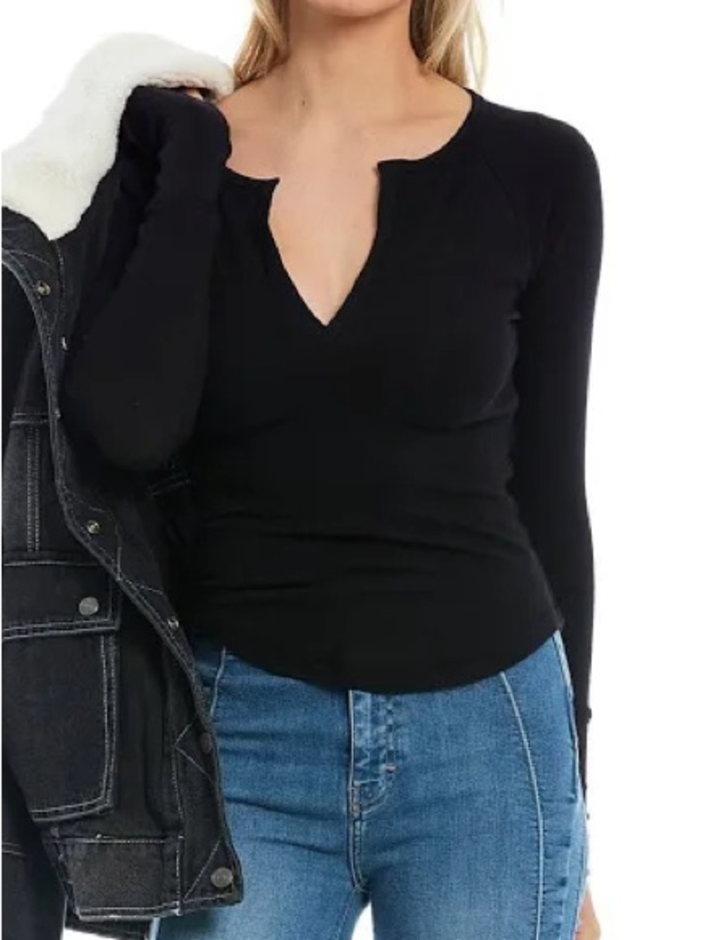 Free People Billie Layering Top Ribbed Henley neckline Black, Size Medium